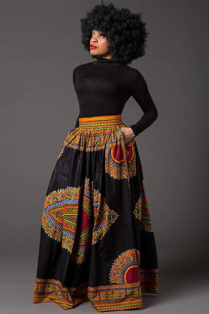 Black Dashiki Maxi Skirt | Long African 