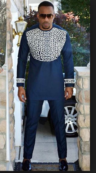 Navy Blue & White Womens Dashiki Pants Suit | Womens African Dress Suit
