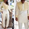 Matching Ivory White Gold African Couple Dashiki - Ivory Gold Womens Dashiki Pant Suit - AFRICA BLOOMS