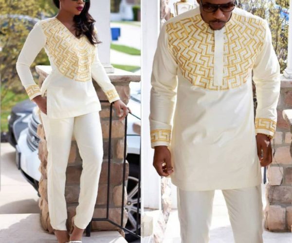 Matching Ivory White Gold African Couple Dashiki - Ivory Gold Womens Dashiki Pant Suit - AFRICA BLOOMS